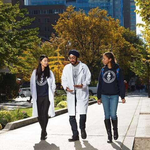 Three medical students walking alongside and talking to each other