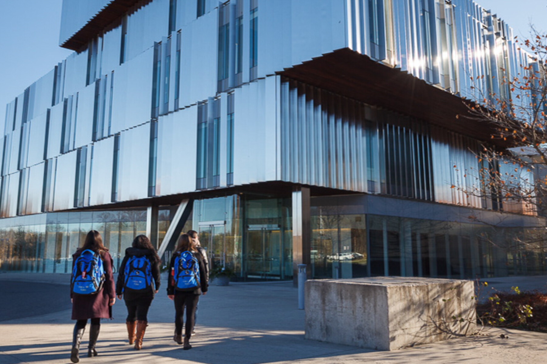 Students walk toward the Terrence Donnelly Health Sciences Complex.