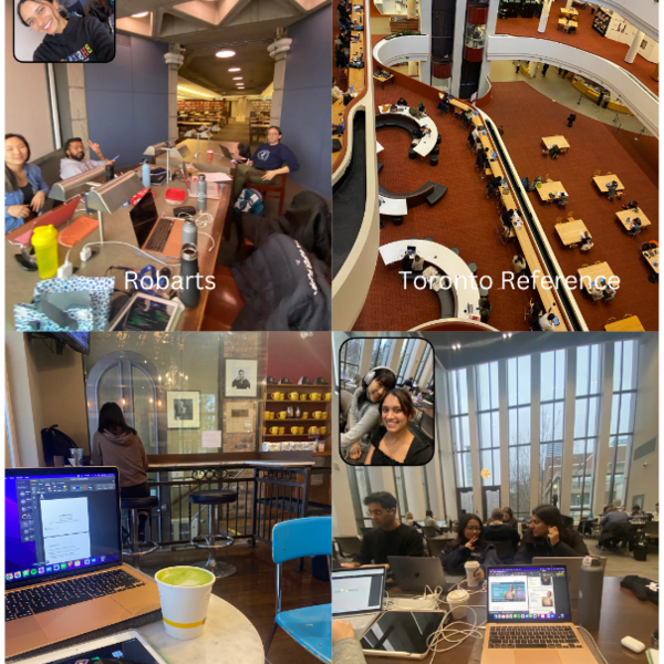 Collage of students studying in various settings.